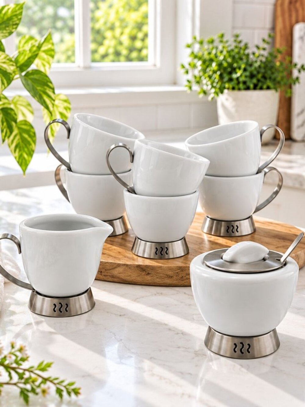 Trudeau White Porcelain Coffee Set Stainless Steel 10 Pc w/ Creamer & Sugar Bowl